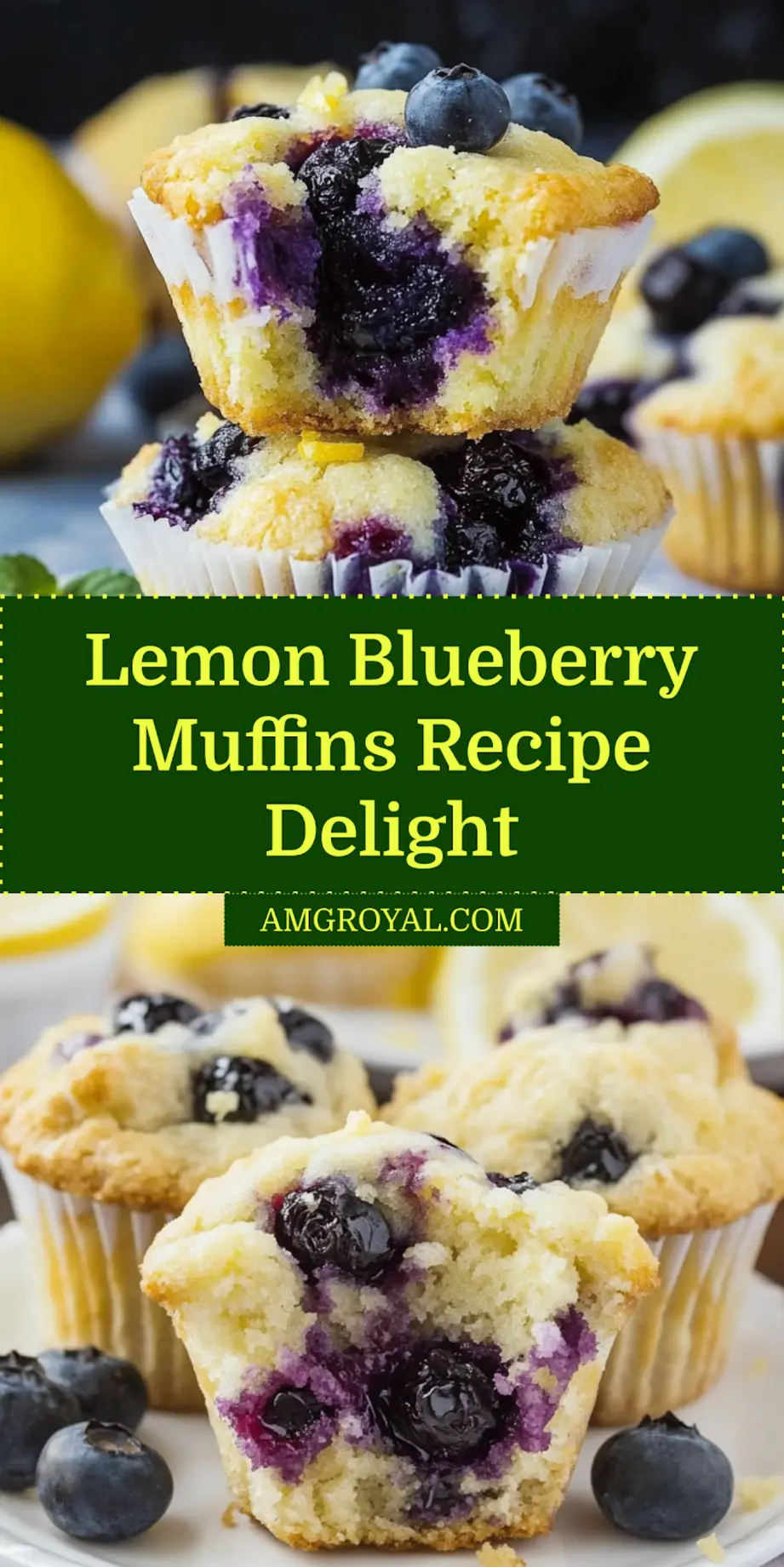 Freshly baked lemon blueberry muffins on a rustic wooden tray