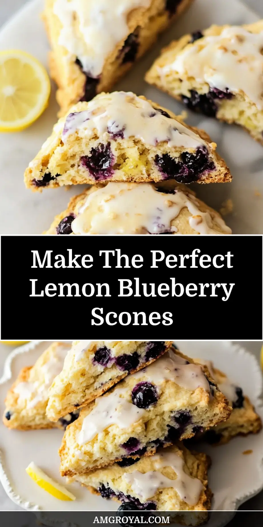 Close-up of lemon blueberry scones with glaze and fresh berries