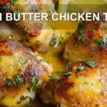 LEMON BUTTER CHICKEN THIGHS centered hero view, clean and uncluttered