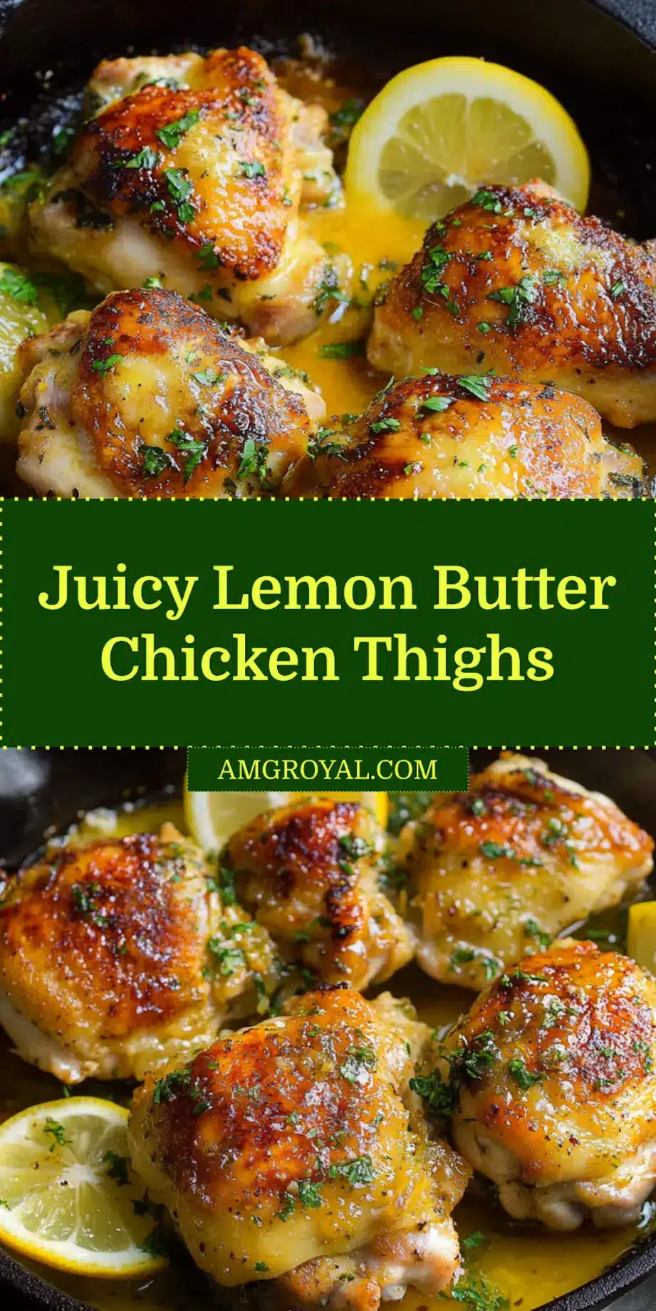 Lemon butter chicken thighs plated, clean and uncluttered