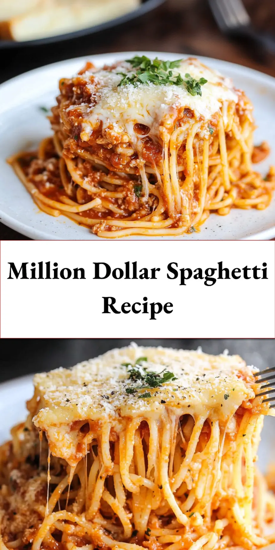 Plated Million Dollar Spaghetti with golden melted cheese on top