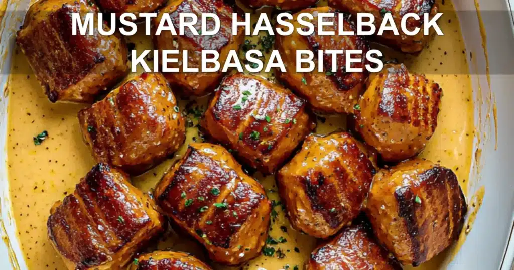 MUSTARD HASSELBACK KIELBASA BITES centered hero view, clean and uncluttered