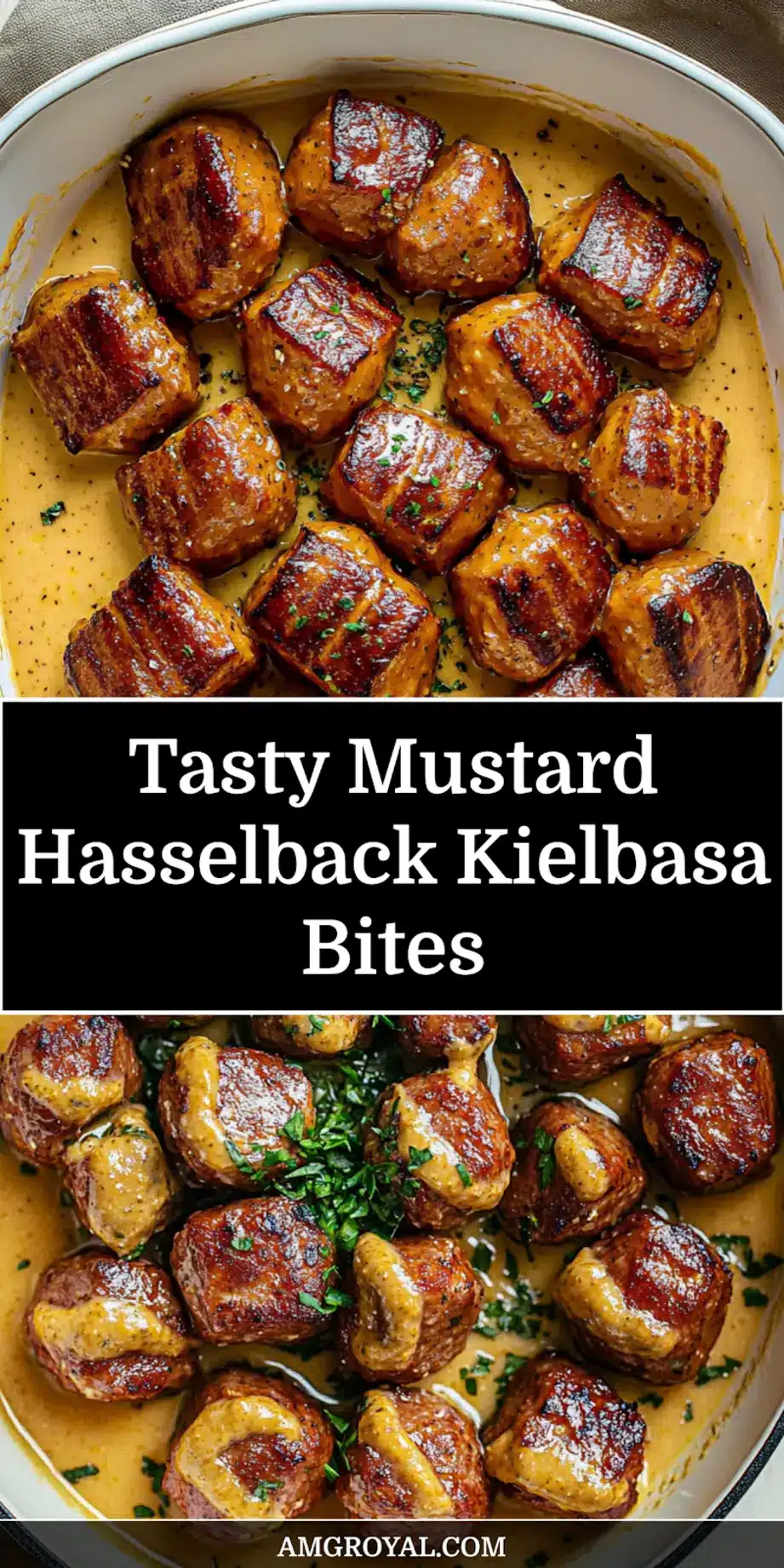 Mustard Hasselback Kielbasa Bites For A Fun Party Snack 7 Overhead view of Mustard Hasselback Kielbasa Bites on a platter, ready to serve as a party appetizer.