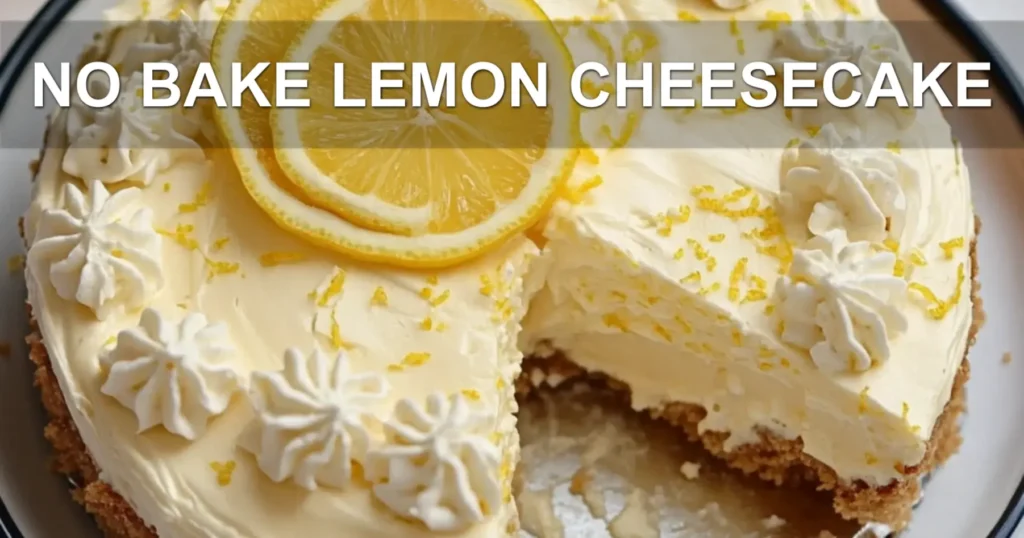 NO BAKE LEMON CHEESECAKE centered hero view, clean and uncluttered