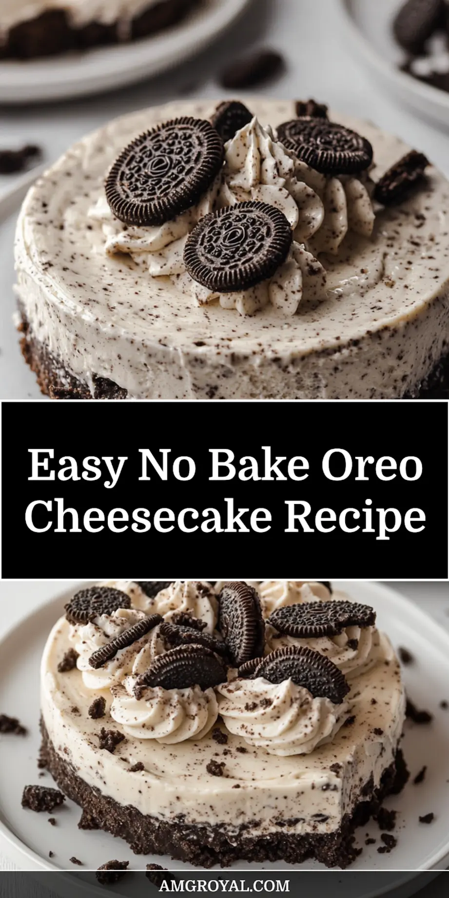 A perfect slice of No-Bake Oreo Cheesecake with a creamy filling and Oreo crust