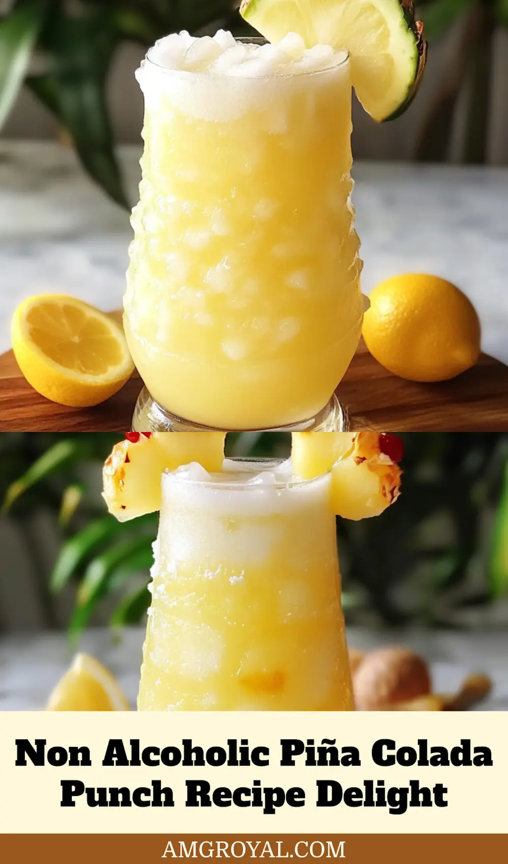 Glass of non alcoholic piña colada punch with lime wheel garnish