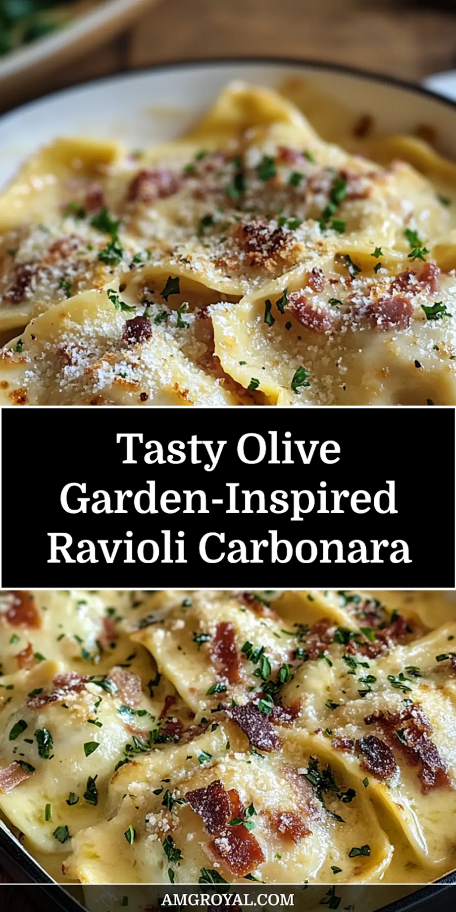 Close-up view of Olive Garden Inspired Ravioli Carbonara served in a bowl