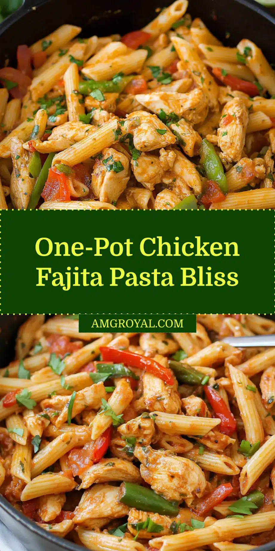 Finished One Pot Chicken Fajita Pasta plated serving, clean and uncluttered