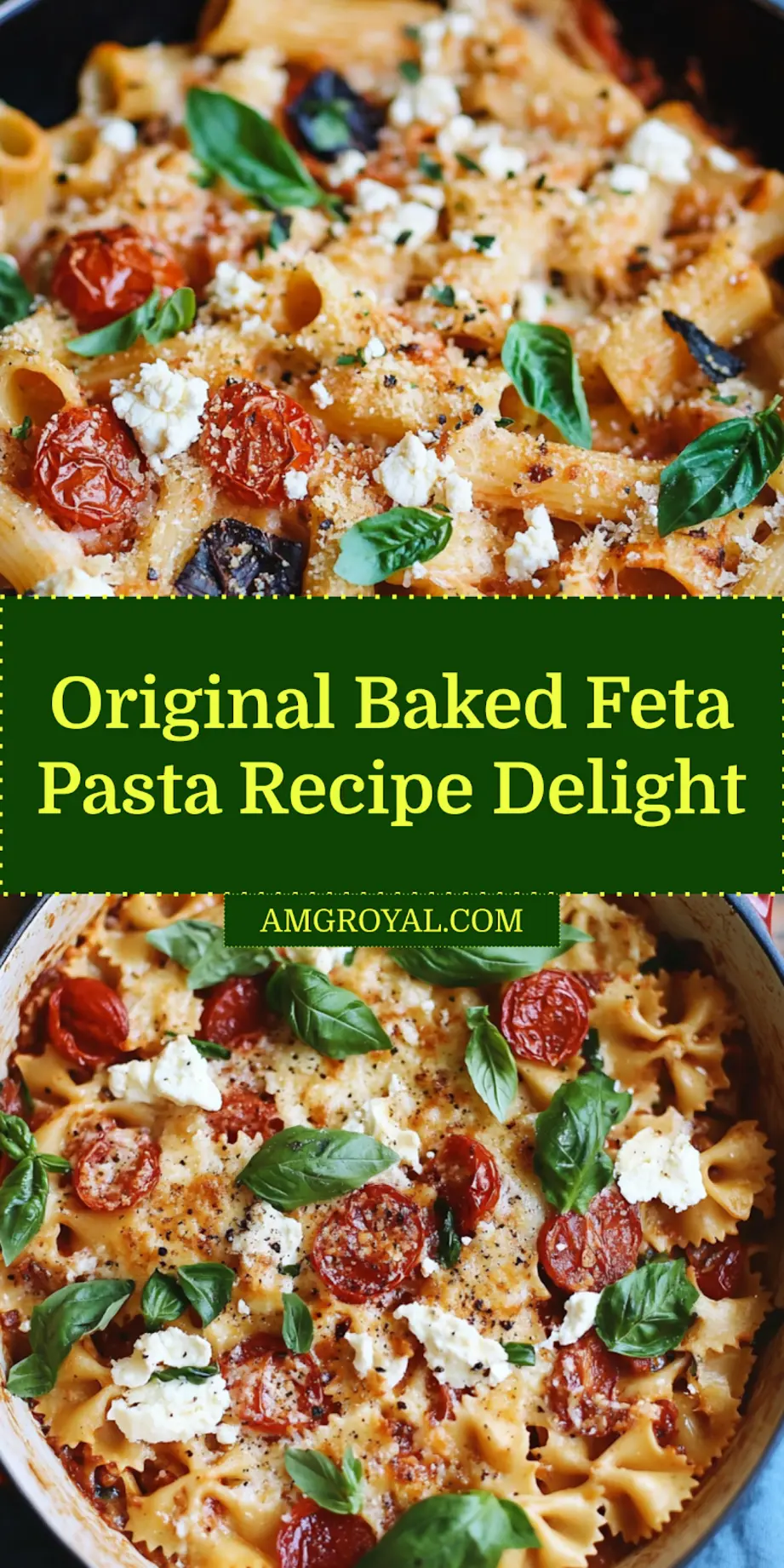 Plated Original Baked Feta Pasta with fresh basil garnish