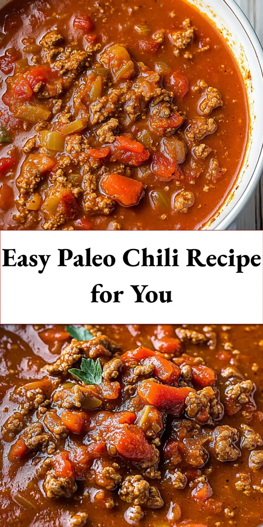 Close-up of a bowl of Paleo Chili with fresh herbs garnish