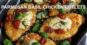 PARMESAN BASIL CHICKEN CUTLETS centered hero view, clean and uncluttered