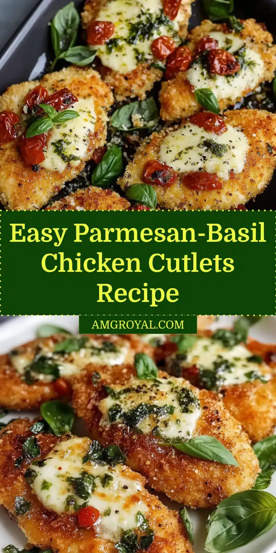 Close-up of golden crispy Parmesan Basil Chicken Cutlets on plate