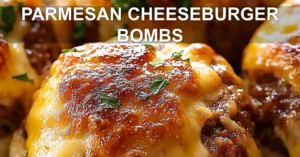 Parmesan Cheeseburger Bombs - Irresistibly Delicious Appetizer PARMESAN CHEESEBURGER BOMBS centered hero view, clean and uncluttered