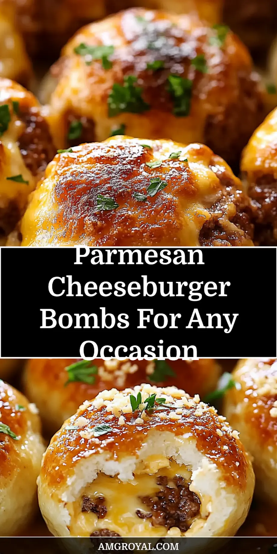 Parmesan Cheeseburger Bombs - Irresistibly Delicious Appetizer 7 PARMESAN CHEESEBURGER BOMBS centered hero view, clean and uncluttered_pin