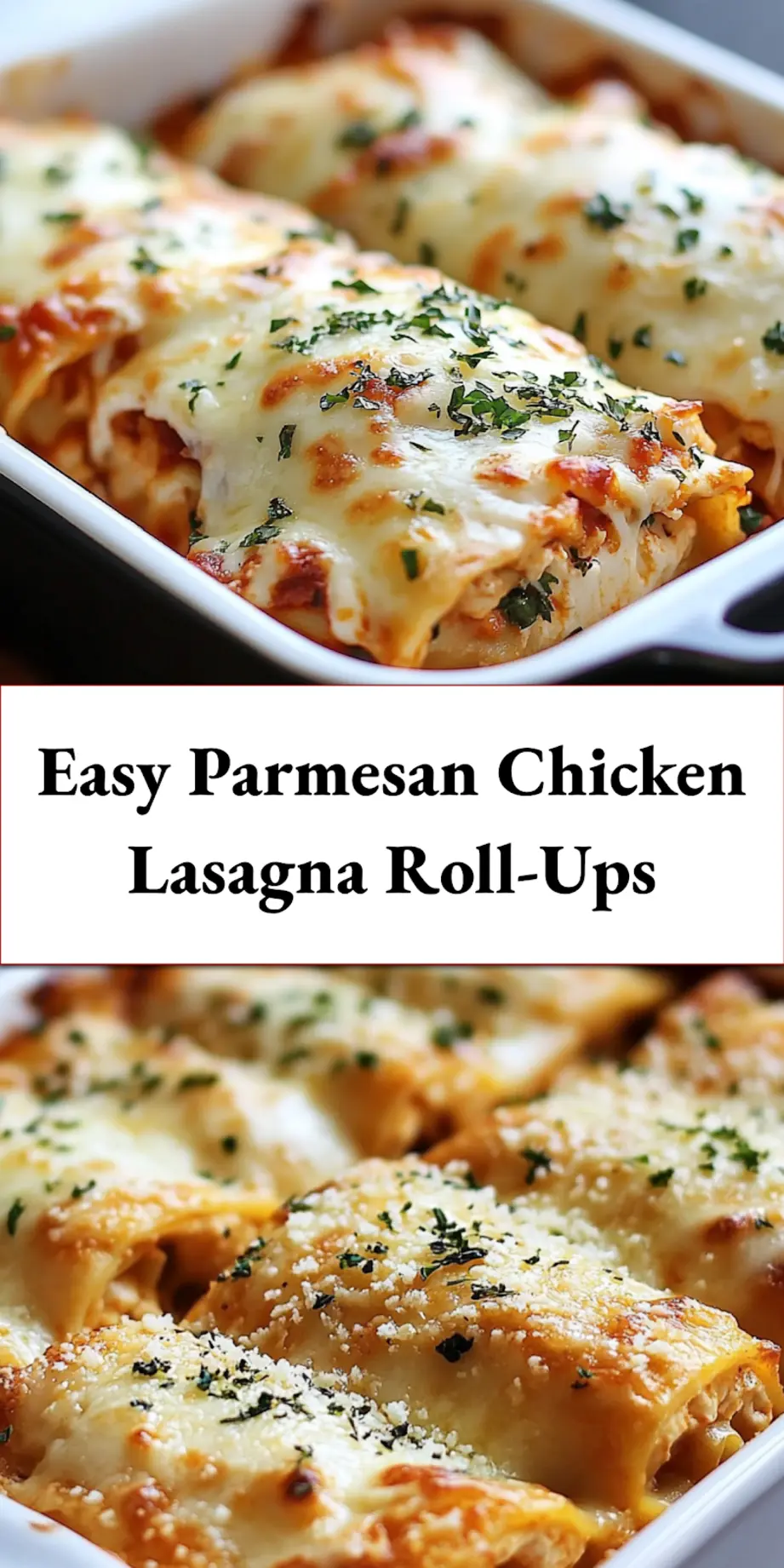 Close-up of golden, bubbly Parmesan Chicken Lasagna Roll-Ups on a serving plate