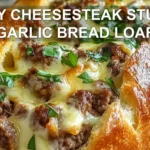 PHILLY CHEESESTEAK STUFFED GARLIC BREAD LOAF centered hero view, clean and uncluttered