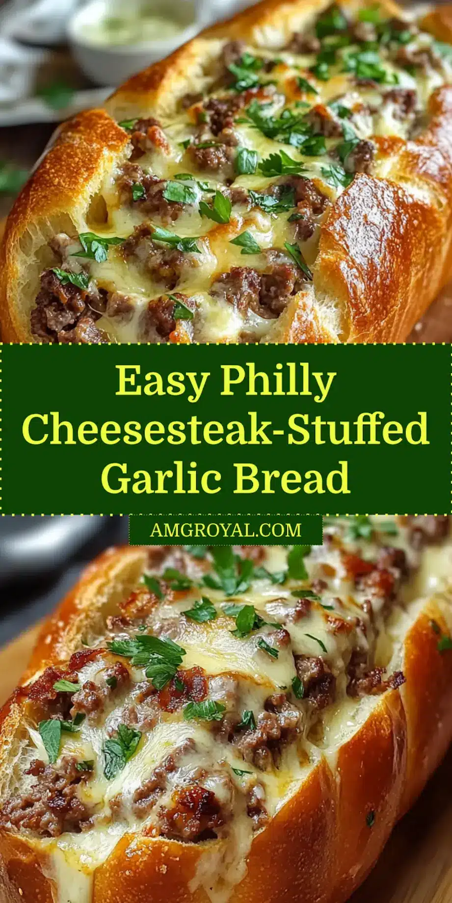PHILLY CHEESESTEAK STUFFED GARLIC BREAD LOAF centered hero view, clean and uncluttered_pin