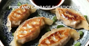 PORK AND CABBAGE POTSTICKERS centered hero view, clean and uncluttered
