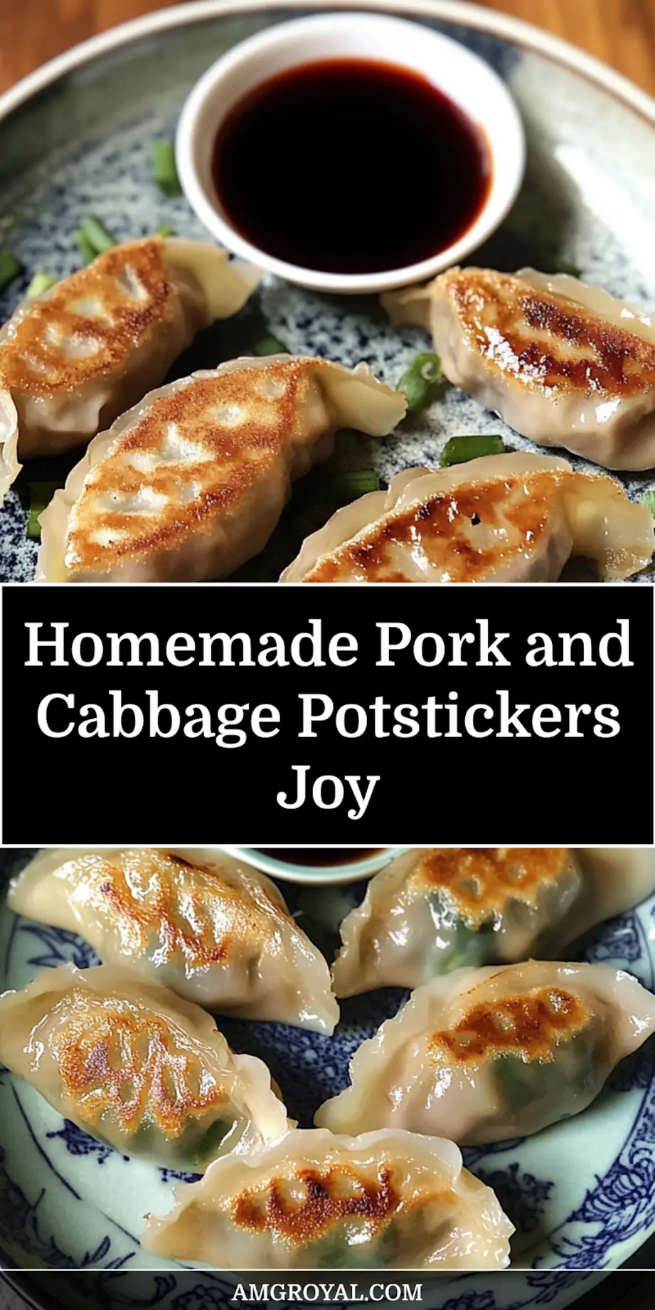 Golden pork and cabbage potstickers arranged on a plate