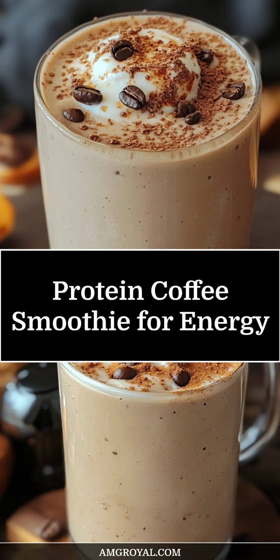Protein Coffee Smoothie in a clear glass, clean and uncluttered