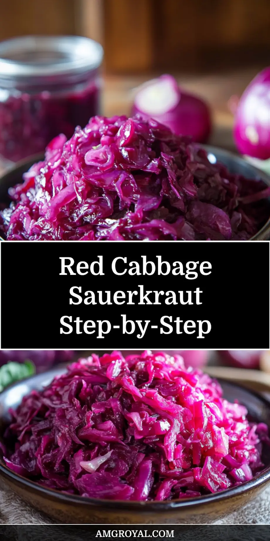 Close-up of vibrant red cabbage sauerkraut in a jar, highlighting texture and color