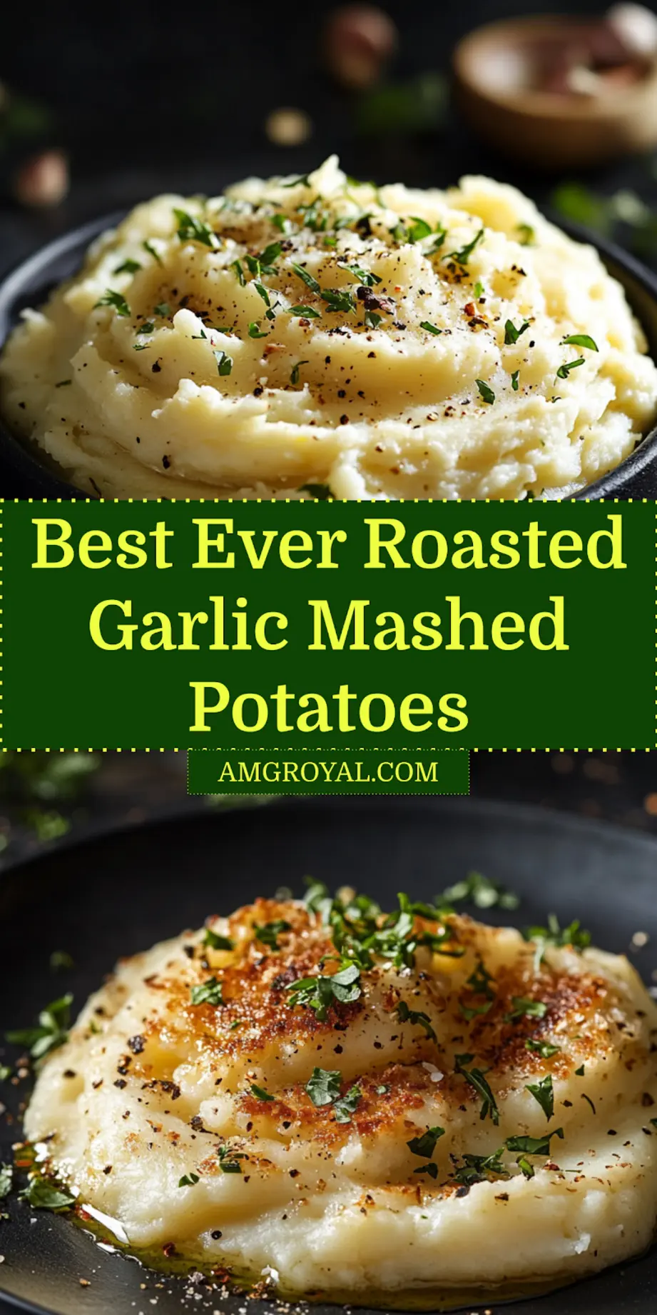 ROASTED GARLIC MASHED POTATOES centered hero view, clean and uncluttered_pin