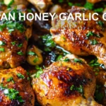 SHEET PAN HONEY GARLIC CHICKEN centered hero view, clean and uncluttered