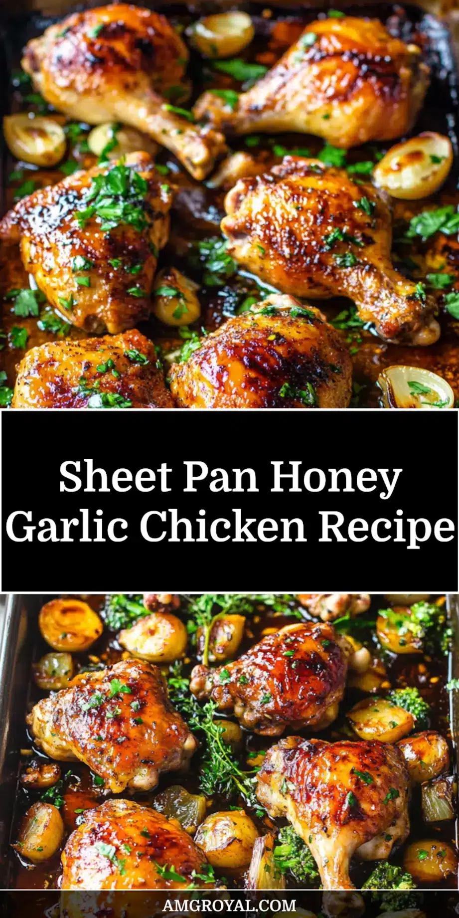 Close-up of finished Sheet Pan Honey Garlic Chicken with crispy caramelized edges and roasted vegetables