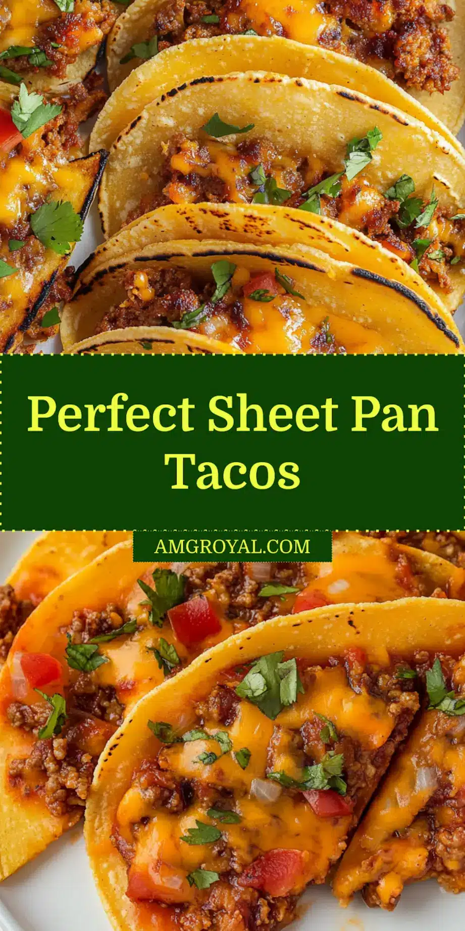 Finished sheet pan tacos on a baking sheet, garnished with fresh cilantro, ready to be served