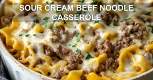 SOUR CREAM BEEF NOODLE CASSEROLE centered hero view, clean and uncluttered