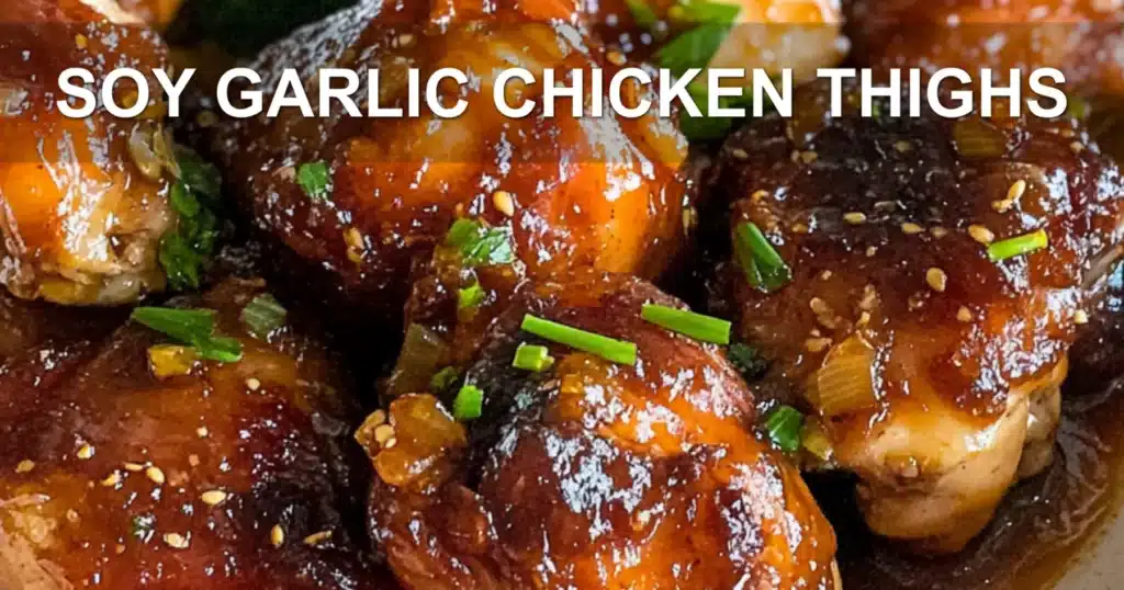 SOY GARLIC CHICKEN THIGHS centered hero view, clean and uncluttered
