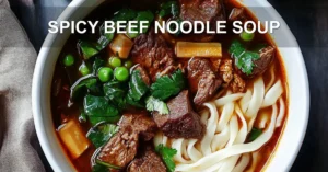 SPICY BEEF NOODLE SOUP centered hero view, clean and uncluttered
