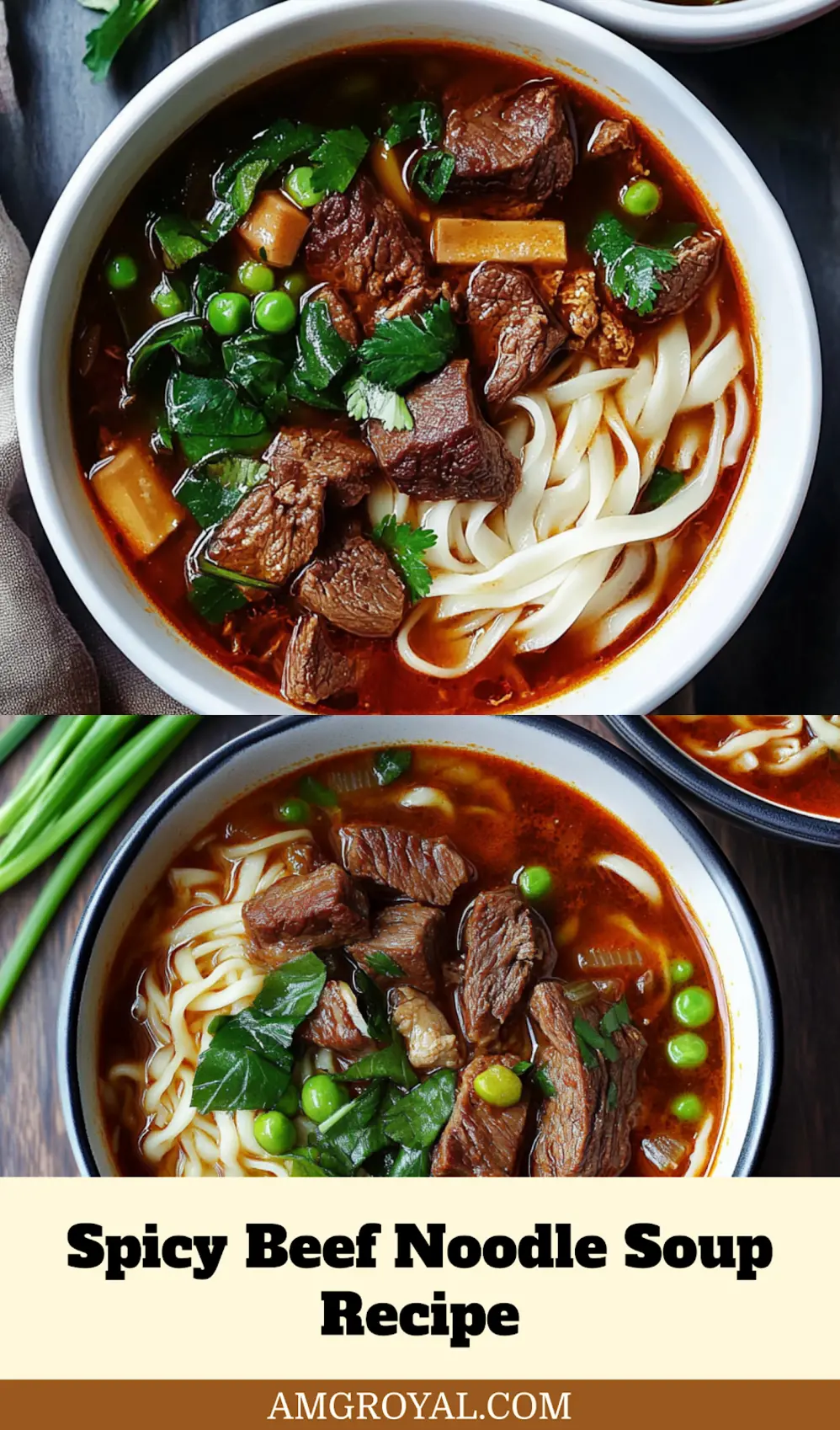 A comforting bowl of spicy beef noodle soup, garnished and ready to serve