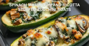 SPINACH MUSHROOM AND RICOTTA STUFFED ZUCCHINI BOATS centered hero view, clean and uncluttered