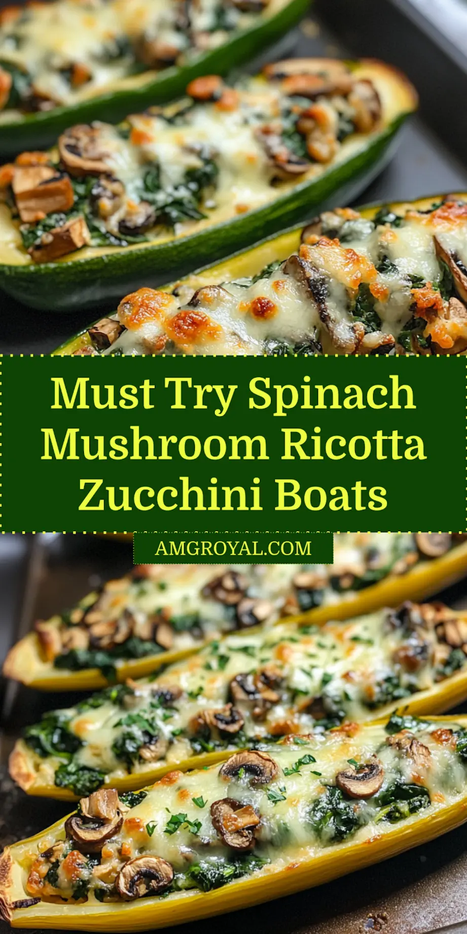 SPINACH MUSHROOM AND RICOTTA STUFFED ZUCCHINI BOATS centered hero view, clean and uncluttered pinch view