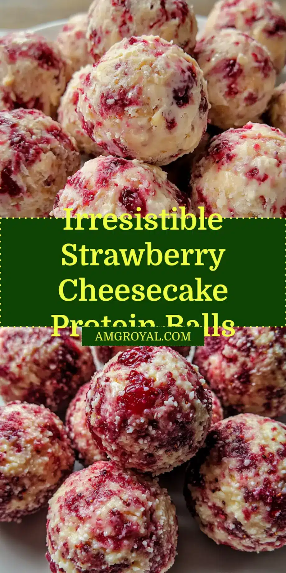 Strawberry Cheesecake Protein Balls: Irresistibly Quick Recipe 7 STRAWBERRY CHEESECAKE PROTEIN BALLS centered hero view, clean and uncluttered_pin
