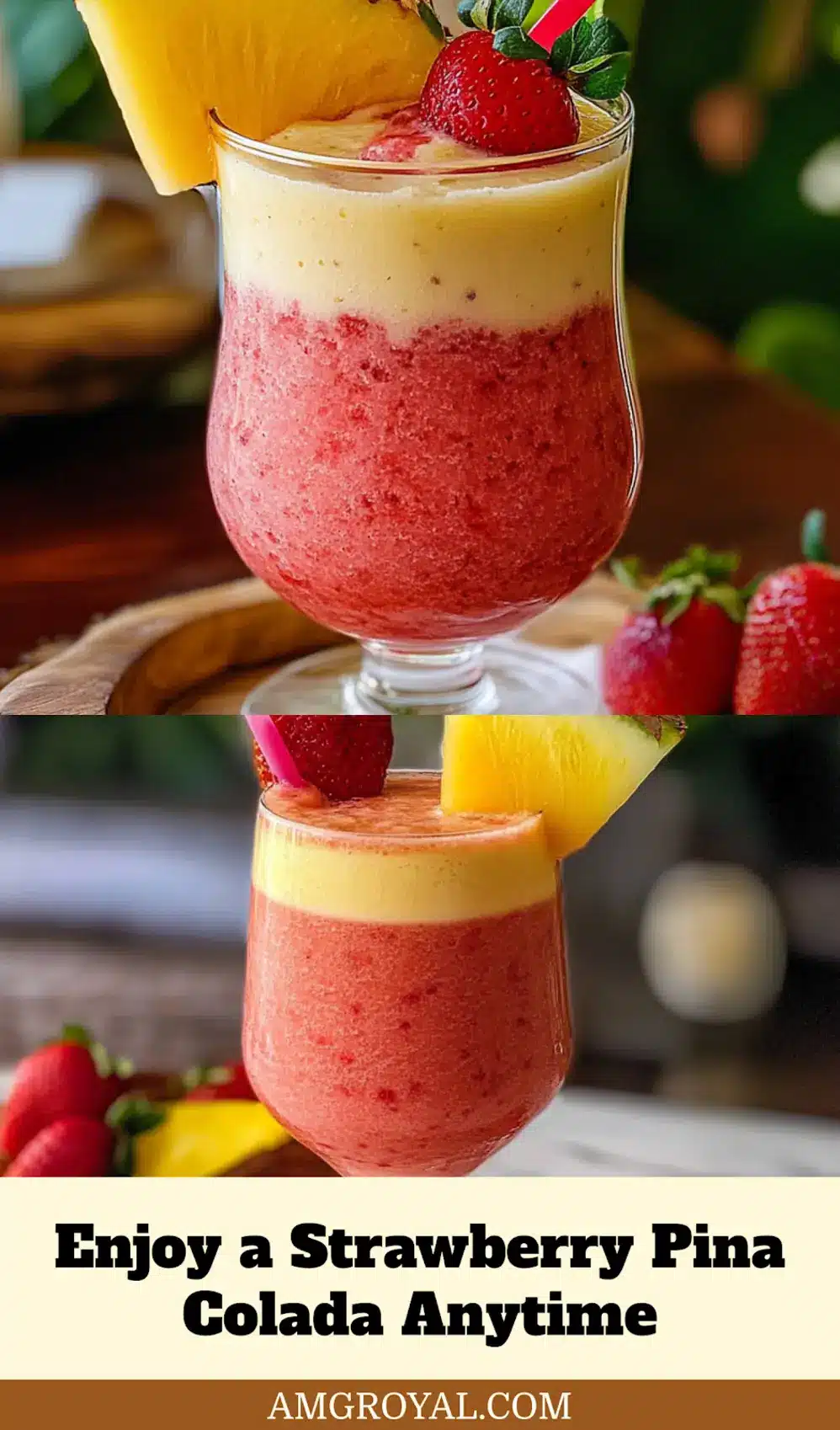 Freshly made strawberry pina colada with vibrant pink and white layers