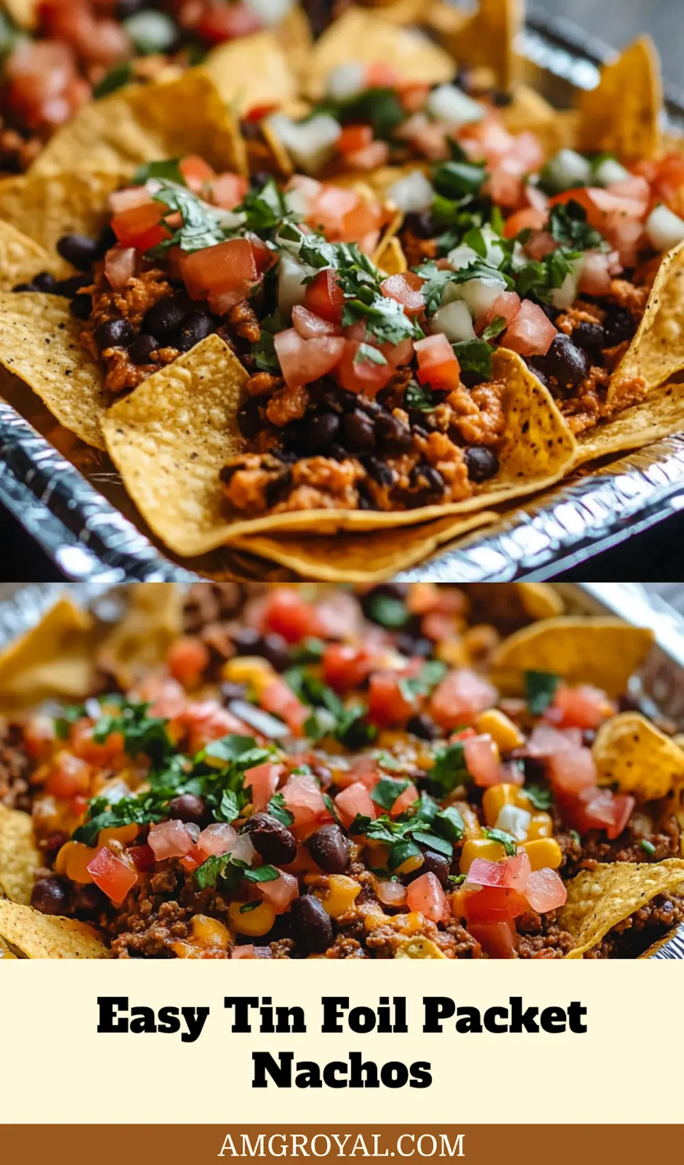 Close-up of tin foil packet nachos with melted cheese and colorful toppings
