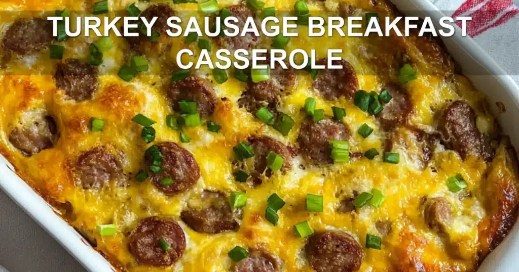 TURKEY SAUSAGE BREAKFAST CASSEROLE centered hero view, clean and uncluttered