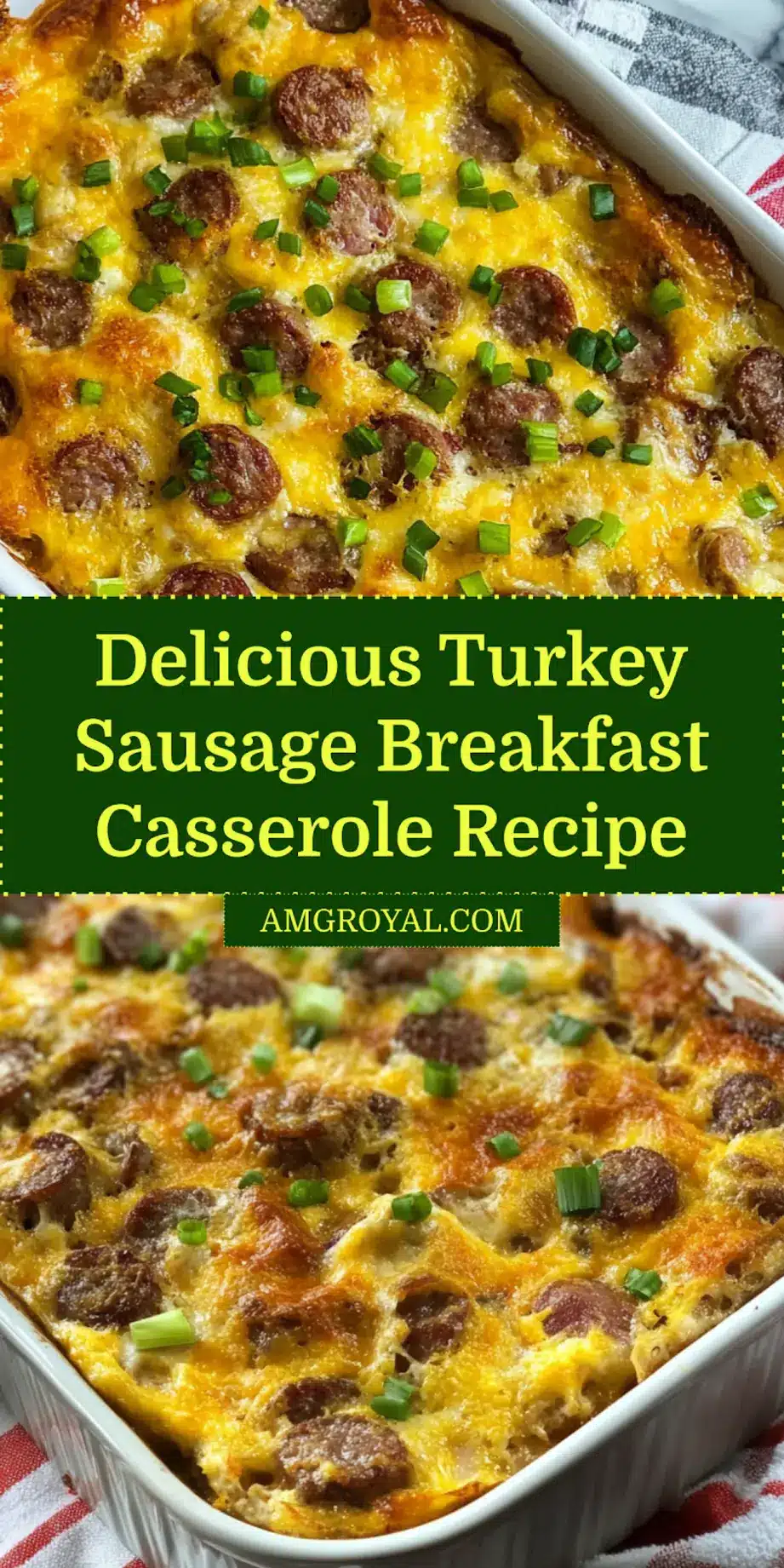 Baked Turkey Sausage Breakfast Casserole ready to serve, showing a golden crust and gooey cheese