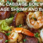 VIRAL CABBAGE BOIL WITH SAUSAGE SHRIMP AND BACON centered hero view, clean and uncluttered