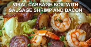 VIRAL CABBAGE BOIL WITH SAUSAGE SHRIMP AND BACON centered hero view, clean and uncluttered
