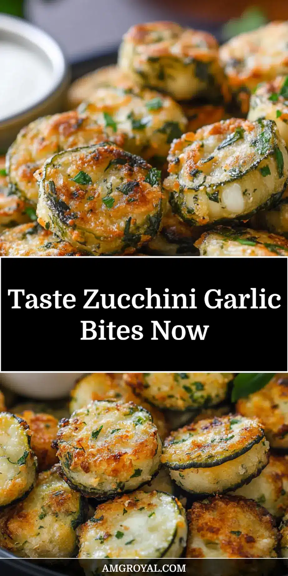 Close-up of golden zucchini garlic bites arranged on a white plate