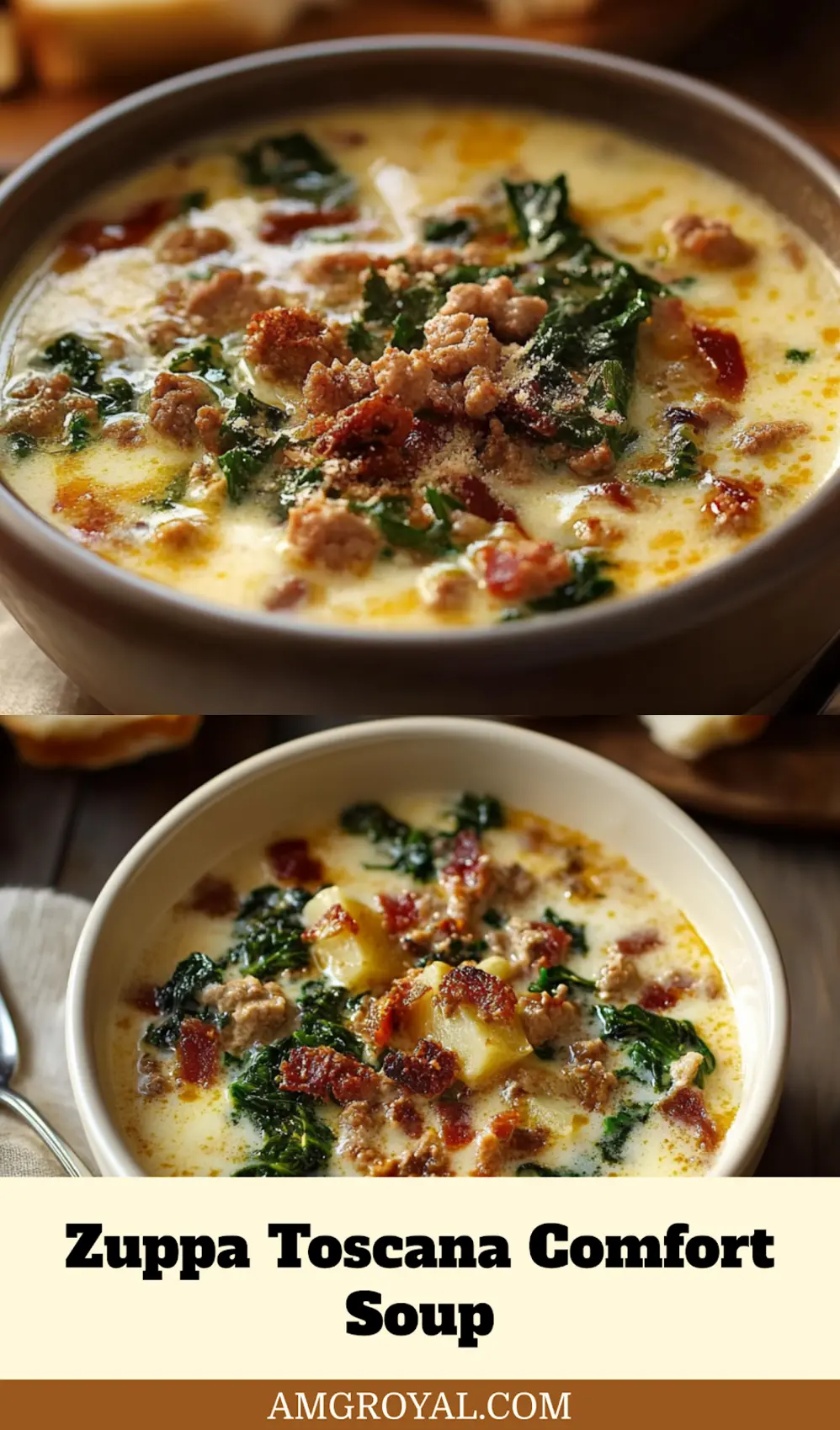 Plated bowl of ZUPPA TOSCANA, creamy and garnished