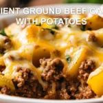 5 INGREDIENT GROUND BEEF CASSEROLE WITH POTATOES in white baking dish with golden cheese topping