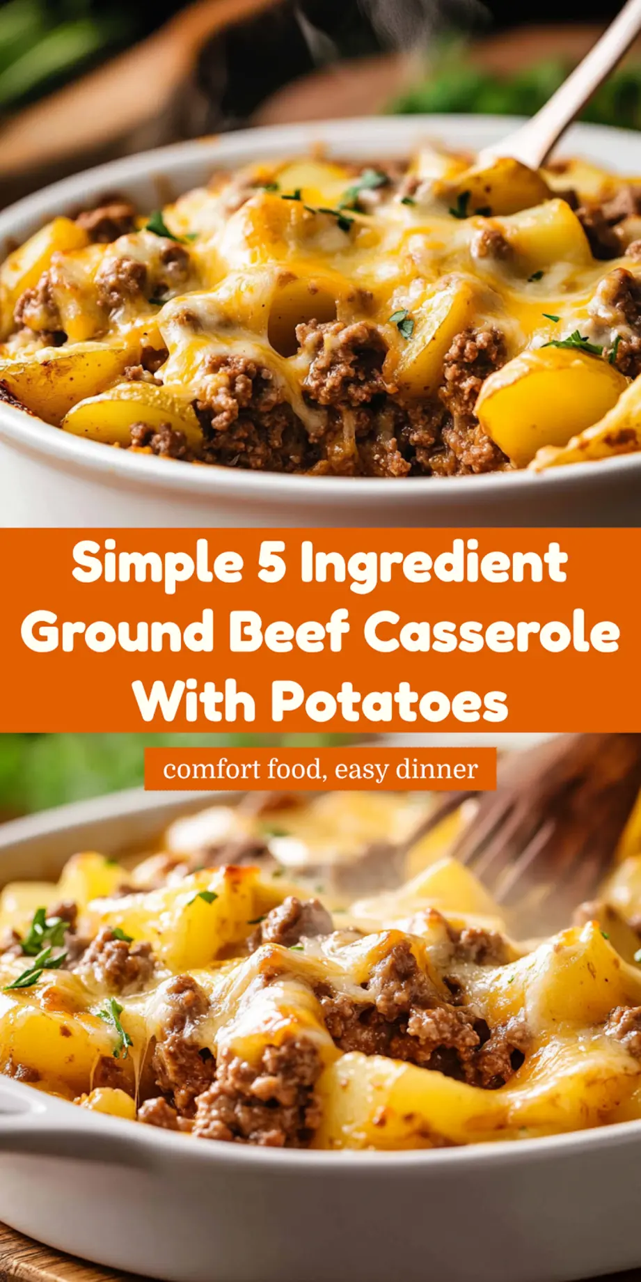 5 INGREDIENT GROUND BEEF CASSEROLE WITH POTATOES in white baking dish with golden cheese topping_pin