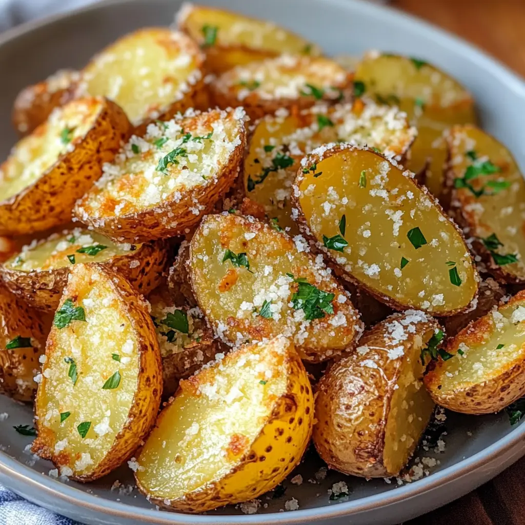 Air Fryer Baked Garlic Parmesan Potatoes Easy Recipe 6 Air fryer baked garlic parmesan potatoes with golden crispy edges and herb garnish