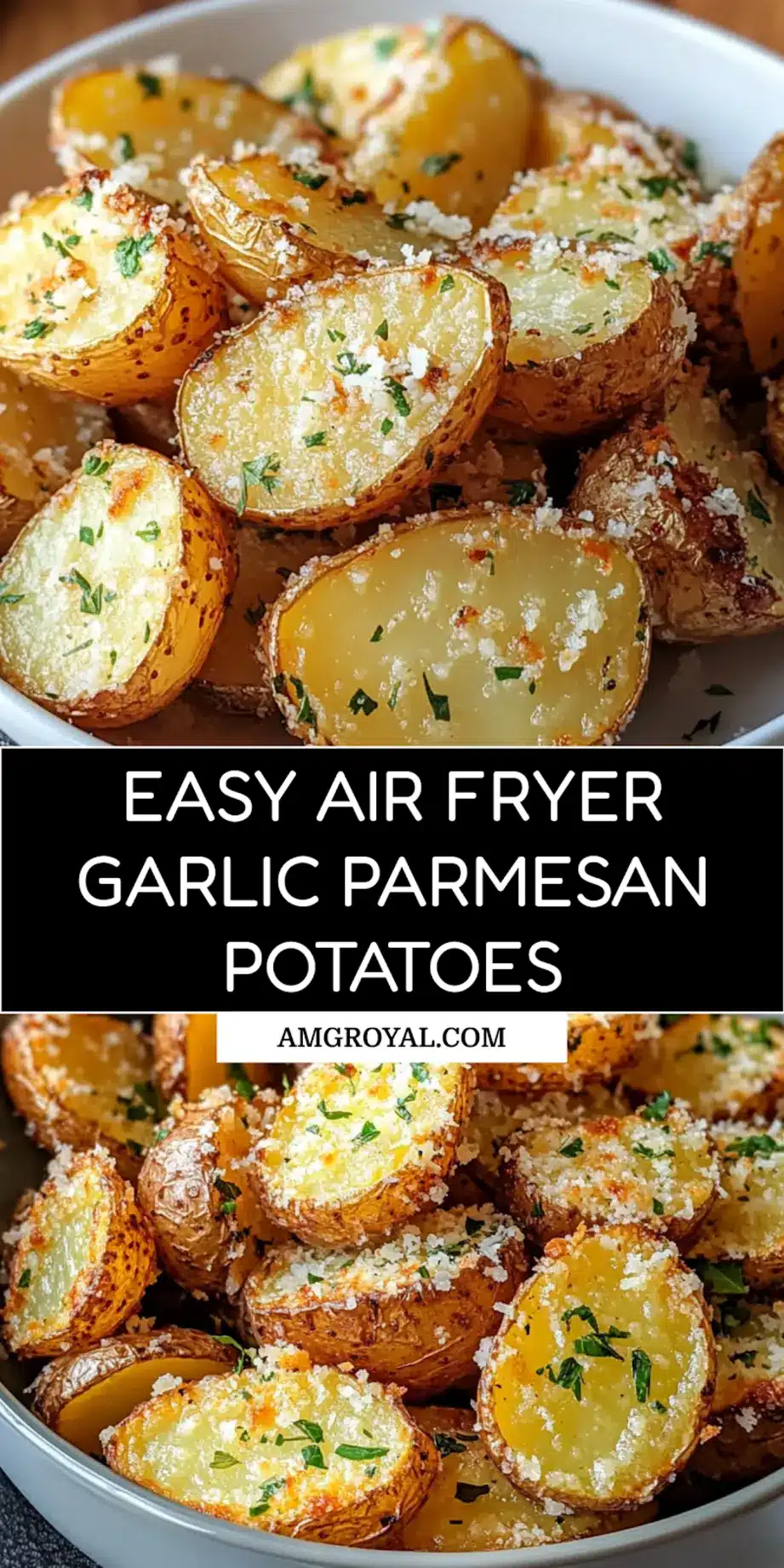 Air Fryer Baked Garlic Parmesan Potatoes Easy Recipe 7 Air fryer baked garlic parmesan potatoes recipe pin image with golden crispy texture