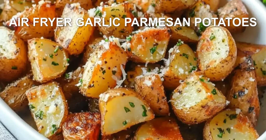AIR FRYER GARLIC PARMESAN POTATOES centered hero view, clean and uncluttered