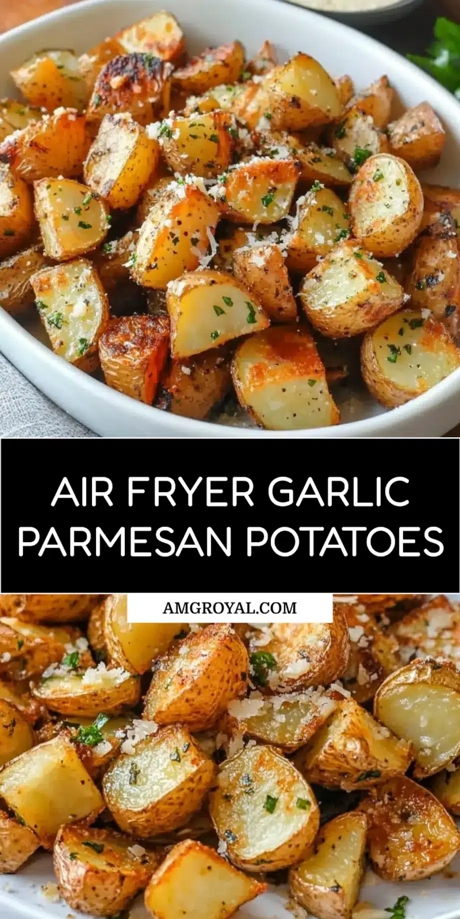 AIR FRYER GARLIC PARMESAN POTATOES centered hero view, clean and uncluttered_pin